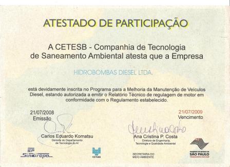 Certificado Cetesb Certificado Cetesb - Hidrobombas Diesel Ltda